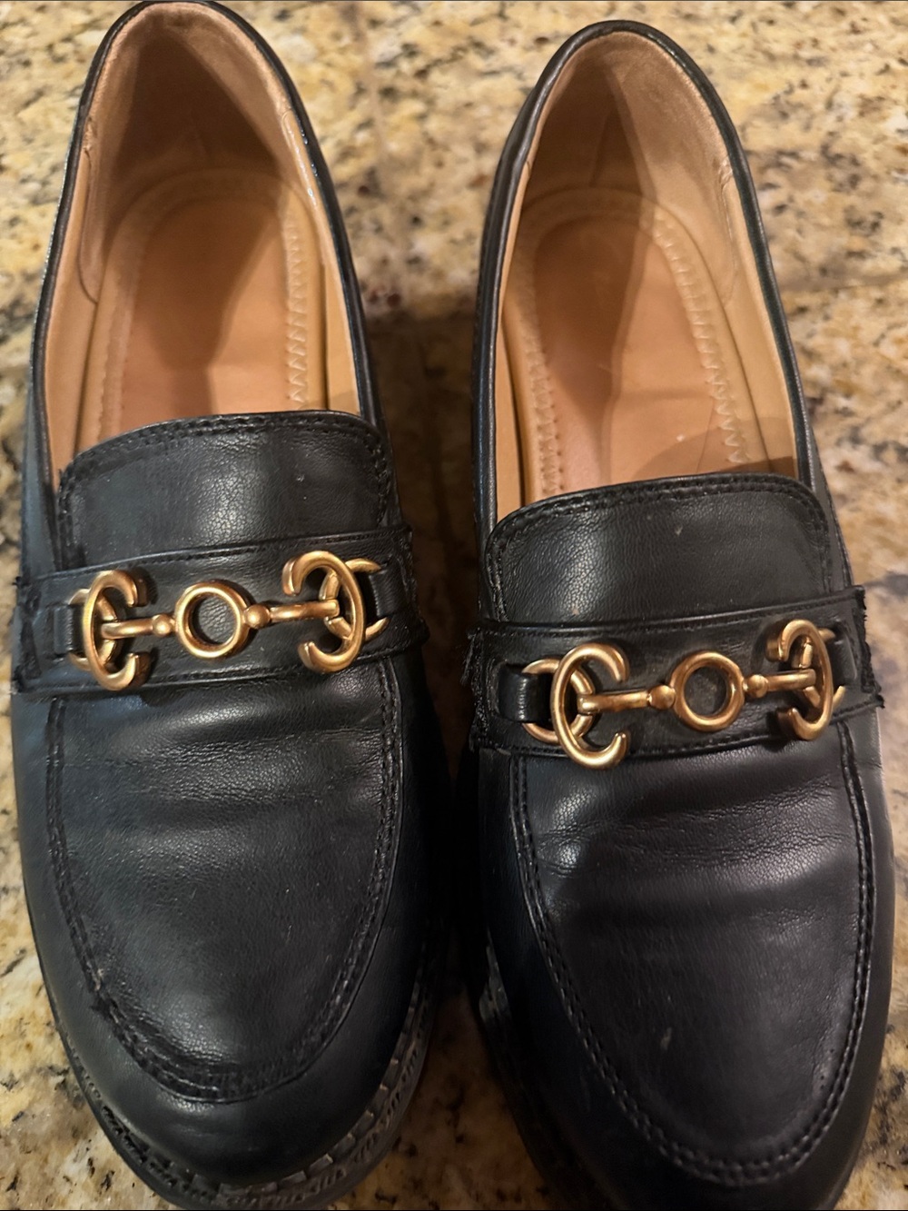 Clarks Black Leather Loafers with Gold Bit Accent